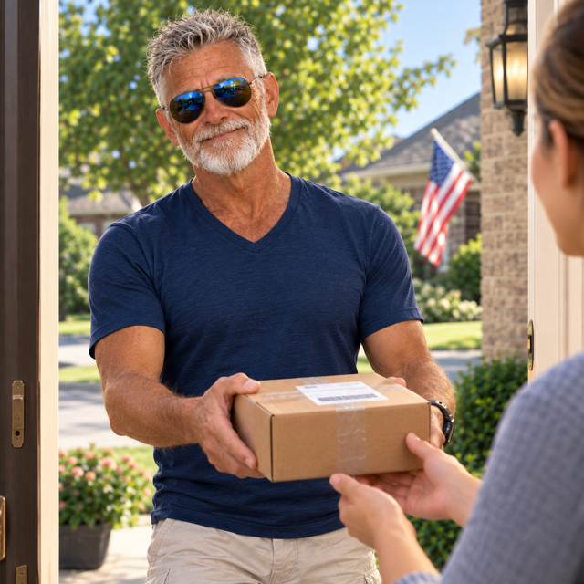 Randy handing a package to a customer at their door